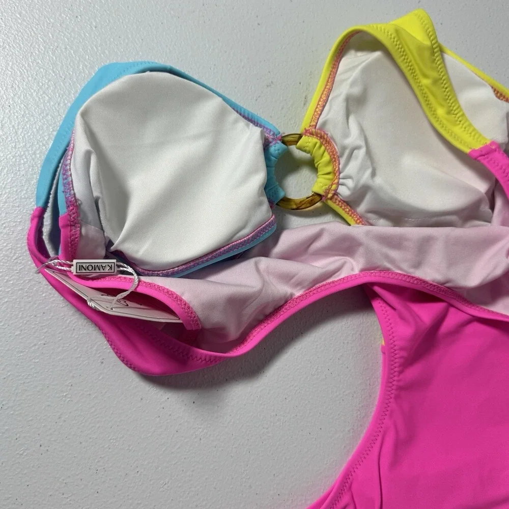 Kamoni‎ One Piece Swimsuit Colorblock Cutout Neon Dopamine Swimwear L NWT